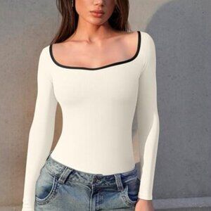 Women White Bodysuit Contrast-Trim Square Neck Long Sleeve Stretch Bodysuit Tops
